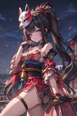 (((masterpiece))), (((best quality))), ((ultra-detailed)), (illustration), ((an extremely delicate and beautiful)), (detailed light), (bloom), looking at viewer, hanabi, kitsune mask, red eyes,sparkle \(honkai: star rail\), twintails, hair ornament, solo, off shoulder kimono, mask on head, detached sleeves, choker, obi, single glove,thigh strap,smile,blush,midjourney