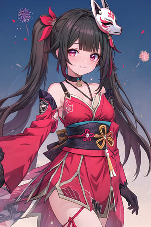 (((masterpiece))), (((best quality))), ((ultra-detailed)), (illustration), ((an extremely delicate and beautiful)), (detailed light), (bloom), looking at viewer,niji, hanabi, kitsune mask, red eyes,sparkle \(honkai: star rail\), twintails, hair ornament, solo, off shoulder kimono, mask on head, detached sleeves, choker, obi, single glove,thigh strap,smile,blush