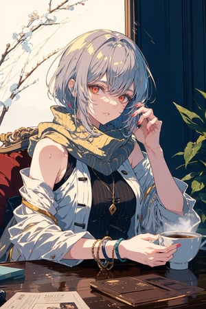 amiya(arknights), 1girl,8k wallpaper,extremely detailed figure, amazing beauty, detailed characters, {detailed background},aestheticism, sitting, winter, coffee shop, corner, coat, scarf, large breasts, gray hair, red eyes, emotionless, obedient, obedient, thick eyebrows, small nose, full lips, long eyelashes, delicate neck, slender shoulders, bare arms, delicate hands, long fingers, pointed nails, high cheekbones, oval face, smooth skin, rosy cheeks, cup of coffee, saucer, steam, warm, cozy, comfortable, relaxed, calm, quiet, peaceful, serene, contemplative, close-up, best quality, amazing quality, very aesthetic, absurdres