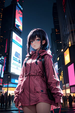 Ultra-high resolution, cinematic lighting,Woman wearing pink raincoat in Times Square,xxmix_girl,more detail XL, blue medium hair, mexican