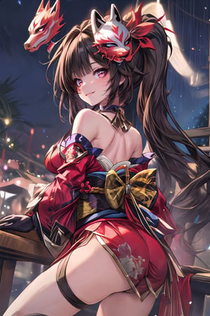 (((masterpiece))), (((best quality))), ((ultra-detailed)), (illustration), ((an extremely delicate and beautiful)), (detailed light), (bloom), looking at viewer, hanabi, kitsune mask, red eyes,sparkle \(honkai: star rail\), twintails, hair ornament, solo, off shoulder kimono, mask on head, detached sleeves, choker, obi, single glove,thigh strap,smile,blush,midjourney