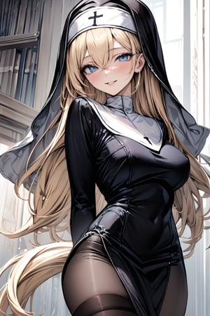 (((masterpiece))),  (((best quality))),  ((ultra-detailed)),  (illustration),blonde_hair,long_hair,pony_tail,blue_eyes,black thighhighs,(nun),smile,