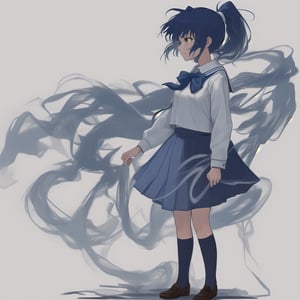 1girl, solo, full body front, bowed, face down, gloomy, school uniform, dark blue hair, brown eyes, ponytail, white background, simple background, standing, blue skirt