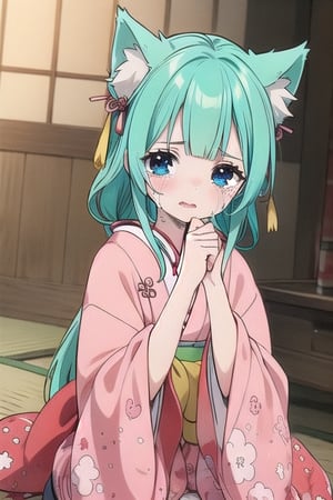 Create an image of a crying girl with cat ear headband, holding a samurai sword, in a Japanese anime style.,KOZUKI HIYORI