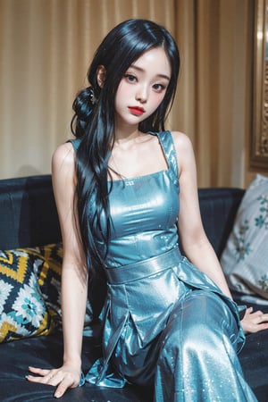 masterpiece, best quality, official art, aesthetic, 1girl, tiffany green hair, top teen model, european-japanese teen girl, 18 years old, heterochromia, detailed background, Paris fashion show, catwalk, elegant,  white-blue evening dress by George Hobeika, long ponytail, gahyeon , sitting on daybed