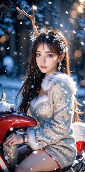 Outdoors, snowing, mountain road with blowing snow, beautiful girl in sexy christmas outfit, sitting on the back of a deer,Christmas gifts are scattered on the ground, ((looks at camera)), high resolution, highly detailed, looking at viewer, sexy appearance, posing for Photoshoot, girl, sexy christmas outfit, 1 girl, reality, sntdrs, snowflakes, very sharp, heavy snow, Rudolph the deer with its horn cut off watches from the side of Santa Girl., christmas,realistic,ChristmasDecorativeStyle,Snow,Snowflakes