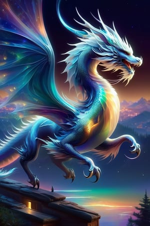 echmrdrgn western dragon, it's full body is iridescent splendour, semi-transparent and glowing opalescence, razor sharp talons and teeth, glorious wings, long whiskers, powerful long tail, high over a village background, full body, at night, starry sky, moonlight reflections,