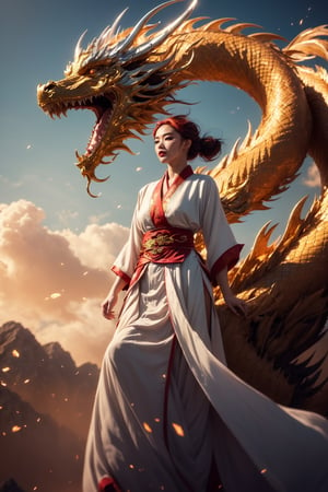 Masterpiece, top quality, best quality, official art, beauty and aesthetics: 1.3), (1 girl: 1.4), red hair, light green hanfu fashion, ((Chinese silver iron dragon)), flying in the sky, wooden lines, Volumetric lighting, ultra-high quality, realism, sky background, half body, detailed_background, 4k illustration,