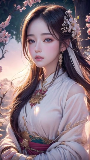 (masterpiece, top quality, best quality, official art, beautiful and aesthetic:1.2), (1girl), extreme detailed,(abstract, fractal art:1.3),highest detailed, detailed_eyes, light_particles, hanfu,jewelry, sexy, ,white,a jewel-encrusted sword)