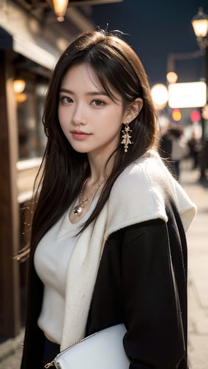 Beautiful and delicate light, (beautiful and delicate eyes), pale skin, big smile, (brown eyes), (black long hair), dreamy, medium chest, woman 1, (front shot), Korean girl, bangs, soft expression, height 170, elegance, bright smile, 8k art photo, realistic concept art, realistic, portrait, necklace, small earrings, handbag, fantasy, jewelry, shyness, skirt, winter down parka, scarf, snowy street, footprints,perfect,Extremely Realistic,more detail ,Breasts ,1 girl 