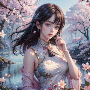 (masterpiece, top quality, best quality, official art, beautiful and aesthetic:1.2), hdr, high contrast, wideshot, 1girl, long black straight hair with bangs, looking at viewer, relaxing expression, clearly brown eyes, longfade eyebrow, soft make up, ombre lips, large breast, hourglass body, finger detailed, BREAK wearing half naked floral cheongsam, holding flower, (smeling flower), (spring season theme:1.5), windy, spring forest background detailed, by KZY, BREAK frosty, ambient lighting, extreme detailed, cinematic shot, realistic ilustration, (soothing tones:1.3), (hyperdetailed:1.2),realistic