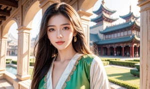 Chinese carved beams and painted buildings, 15 years old, beautiful girl, the Weaver Girl in the mythical story, very long hair, Han Dynasty hairstyle, brown hair, wearing fairy-like light-colored palace clothes, smile, best quality, 32k, realistic, super detailed, Delicate, high resolution, perfect dynamic composition, beautiful detailed eyes, sharp focus, fantastic details, western fashion, realistic, ultra-detailed