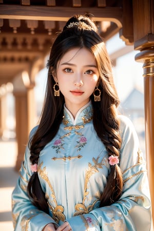 Chinese carved beams and painted buildings, 15 years old, beautiful girl, the Weaver Girl in the mythical story, very long hair, Han Dynasty hairstyle, brown hair, wearing fairy-like light-colored palace clothes, smile, best quality, 32k, realistic, super detailed, Delicate, high resolution, perfect dynamic composition, beautiful detailed eyes, sharp focus, fantastic details, western fashion, realistic, ultra-detailed