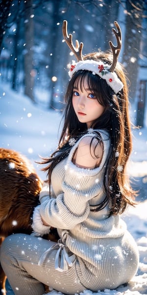 Outdoors, snowing, mountain road with blowing snow, beautiful girl in sexy christmas outfit, sitting on the back of a deer,Christmas gifts are scattered on the ground, ((looks at camera)), high resolution, highly detailed, looking at viewer, sexy appearance, posing for Photoshoot, girl, sexy christmas outfit, 1 girl, reality, sntdrs, snowflakes, very sharp, heavy snow, Rudolph the deer with its horn cut off watches from the side of Santa Girl., christmas,realistic,ChristmasDecorativeStyle,Snow,Snowflakes