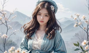 16K realistic wallpaper featuring a cute girl wearing Japanese clothes with brown hair and clear blue eyes. Details include lace skirt and hat. She smiles and looks into the camera with flowers and clouds on a white background.