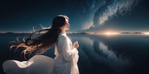 A cosmic explorer A woman with deep, contemplative eyes, her hair flowing like stardust, adorned with subtle, celestial motifs, standing on the surface of a distant moon, gazing at the vastness of space.
