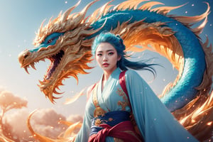 Masterpiece, top quality, best quality, official art, beauty and aesthetics: 1.3), (1 girl: 1.4), blue hair, short tied hair, light green hanfu fashion, ((Chinese light blue dragon)), flying in Sky, wooden lines, volumetric lighting, ultra-high quality, realism, sky background, half body, detailed_background, 4k illustration,