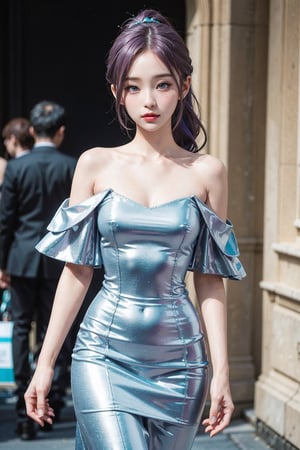 masterpiece, best quality, official art, aesthetic, 1girl, tiffany green hair, top teen model, european-japanese teen girl, 18 years old, heterochromia, detailed background, Paris fashion show, catwalk, elegant,  white-blue evening dress by George Hobeika, long ponytail, Violet color hair,iu,gahyeon