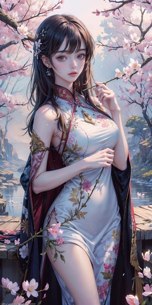 (masterpiece, top quality, best quality, official art, beautiful and aesthetic:1.2), hdr, high contrast, wideshot, 1girl, long black straight hair with bangs, looking at viewer, relaxing expression, clearly brown eyes, longfade eyebrow, soft make up, ombre lips, large breast, hourglass body, finger detailed, BREAK wearing half naked floral cheongsam, holding flower, (smeling flower), (spring season theme:1.5), windy, spring forest background detailed, by KZY, BREAK frosty, ambient lighting, extreme detailed, cinematic shot, realistic ilustration, (soothing tones:1.3), (hyperdetailed:1.2),realistic