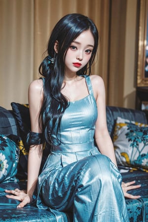 masterpiece, best quality, official art, aesthetic, 1girl, tiffany green hair, top teen model, european-japanese teen girl, 18 years old, heterochromia, detailed background, Paris fashion show, catwalk, elegant,  white-blue evening dress by George Hobeika, long ponytail, sitting on daybed,gahyeon