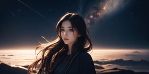 A cosmic explorer A woman with deep, contemplative eyes, her hair flowing like stardust, adorned with subtle, celestial motifs, standing on the surface of a distant moon, gazing at the vastness of space.
