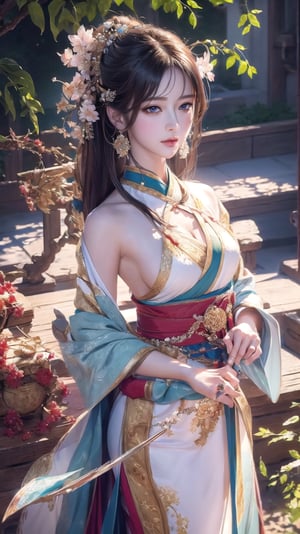 (masterpiece, top quality, best quality, official art, beautiful and aesthetic:1.2), (1girl), extreme detailed,(abstract, fractal art:1.3),highest detailed, detailed_eyes, light_particles, hanfu,jewelry, sexy, ,white,a jewel-encrusted sword)