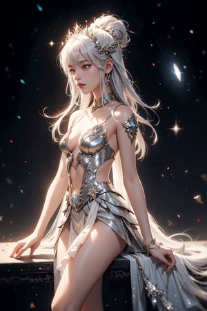 Full body picture, 2.5D drawing, 18-year-old girl wearing silver moon brew goddess costume, white and silver hair with flower decoration, Pantone costume, star space, orange and red magic sword, light show, (visual arts, abstract :1.2), fantasy, (realism: 1.3), (complex details: 1.5), shallow depth of field, bokeh, digital illustration, fantasy, AgoonGirl, 1 girl,