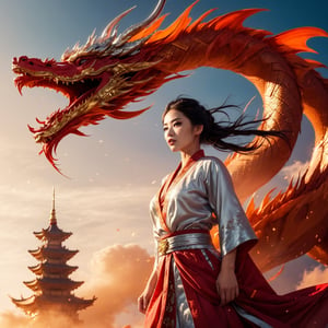 Masterpiece, top quality, best quality, official art, beauty and aesthetics: 1.3), (1 girl: 1.4), black hair, red hanfu fashion, ((Chinese silver iron dragon)), flying in the sky, wooden lines, volume lighting,super high quality,realism,sky background,half body,detailed_background,4k illustration,
