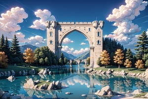 Realistic lighting, (realistic: 0.7), (3D: 0.7), (solo: 1.3), (extremely complex and delicate stone arches: 1.3), (lake background: 1.3), clouds, best tones, European castle,Griffin