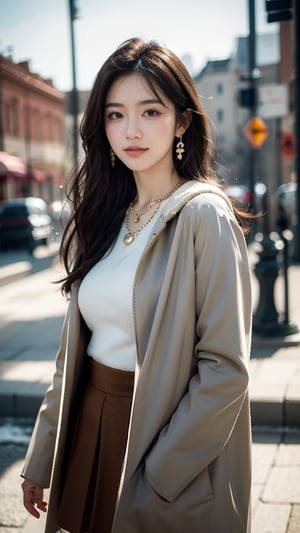 Beautiful and delicate light, (beautiful and delicate eyes), pale skin, big smile, (brown eyes), (black long hair), dreamy, medium chest, woman 1, (front shot), Korean girl, bangs, soft expression, height 170, elegance, bright smile, 8k art photo, realistic concept art, realistic, portrait, necklace, small earrings, handbag, fantasy, jewelry, shyness, skirt, winter down parka, scarf, snowy street, footprints,perfect,Extremely Realistic,more detail ,Breasts ,1 girl 