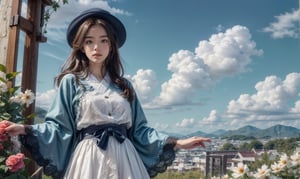 16K realistic wallpaper featuring a cute girl wearing Japanese clothes with brown hair and clear blue eyes. Details include lace skirt and hat. She smiles and looks into the camera with flowers and clouds on a white background.