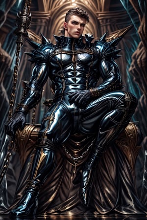 photorealistic:1.4, masterpiece, intricate details, detailed background, depth of field, muscular, (photo of a handsome young white man), short curly hair, masculine:1.45, wearing a ((bondage suit)), shiny latex, sitting on a spiky throne with legs spread widely, confident pose, leather boots, full body, silver shining aura effect, fantasy00d, detailed face, detailed clothes, (Chains stretched horizontally and vertically in background), correct_anatomy, (from below:1.15),mature,Male focus, Stalactite cave background