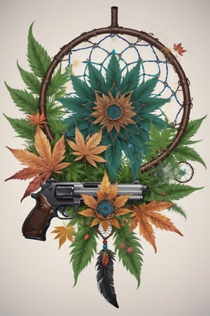 realistic mandala flower and grass and marijuana leaves and maple leaves and a gun form a dreamcatcher