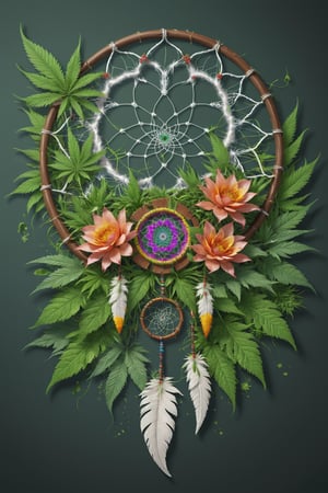 realistic mandala flower and grass and marijuana leaves and gun form a dreamcatcher