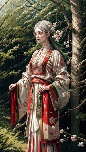 masterpiece, (art by Koyoharu Gotouge),  1girl, long straight green hair, grey big  eyes, (red-gold color scheme for clothes), standing and watching a white blossom tree, highly detailed, intricate details, nhatbinh,High detailed ,nhatbinh,Color magic
