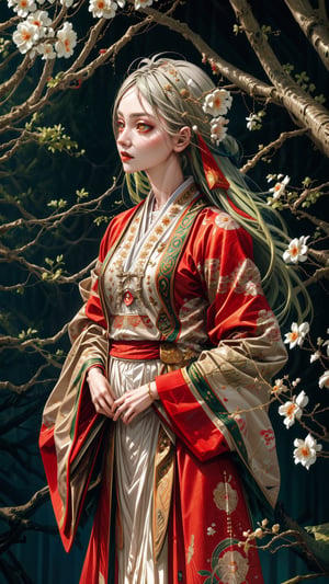 masterpiece, (art by Koyoharu Gotouge),  1girl, long straight green hair, grey big  eyes, (red-gold color scheme for clothes), standing and watching a white magnolia flowers, highly detailed, intricate details, nhatbinh,High detailed ,nhatbinh,Color magic