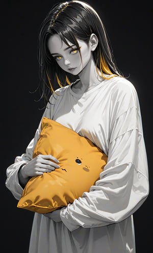 , score_9, score_8_up, score_7_up, sleepy, standing, oversized white shirt, long black hair, yellow inner hair, holding a pillow, yellow eyes, (black background):1.5, (spot color, selective color, selective_coloring, grayscale skin, monochrome:0.3, grayscale:0.3),