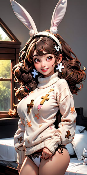 Masterpiece, best quality, high resolution, smiling, looking at viewer, 1 girl, solo, long hair, (brown hair, bangs:1.1), big breasts, (sweater sleeves:1.1), (cross pasties:1.3), (lace panties:1.1), indoor, windows, bedroom background, upper body, Light,Rabbit ear
