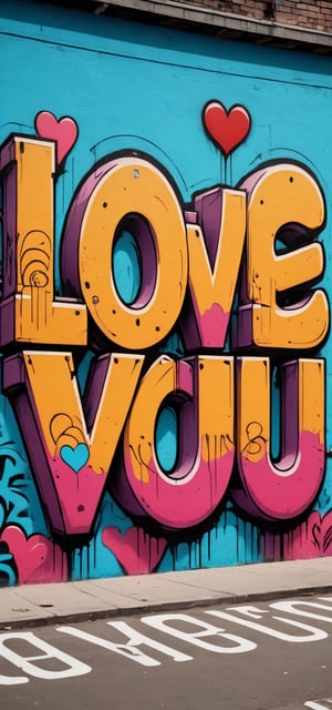 A graffiti wall with (the text "LOVE YOU":1.7) written in bold letters with spray tint, inspired by Banksy,  miraculous,  aerosol art,  (triadic colors:1.2),comic book,masterpiece,Text,graffitiXL