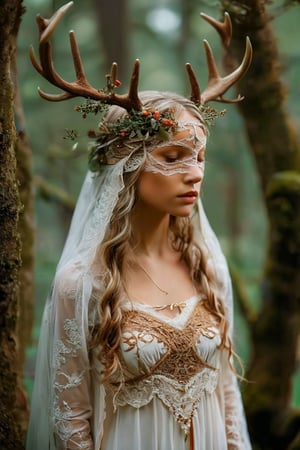 A legendary Young elf girl,ancient nordic,(wears a crown adorned with intricate antlers), a mystical veil blindfolding her, adding an air of mystery and wisdom. Her costume is a flowing ancient Germanic dress made from natural fabrics and decorated with detailed embroidery and runes. The dresses feature earth tones and elaborate patterns, reflecting her deep roots in nature and folklore..,Lace Blindfold,IMGFIX,Flower Blindfold