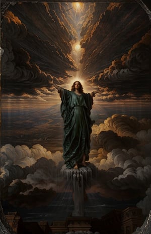 A celestial figure clad in shimmering robes stands atop a mountain peak at dusk, with clouds of apocalyptic orange and crimson hues gathering behind. The messenger's arms outstretched, palms facing the heavens as they gaze down upon the mortal realm below. A halo of golden light surrounds their head, illuminating their solemn expression. In the distance, cities and towns are shrouded in a thick, gray mist, symbolizing the impending doom.,renaissance,photorealistic