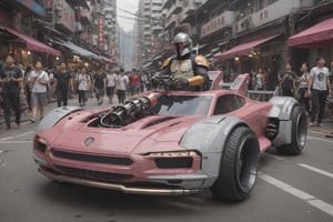 the Mandalorian Naboo N-1 starfighter, (concept ship:1), (Star Wars:1), fancy cyborg design, futuristic, cyborg style, cyberpunk style, surrounded by people, Drifting in Hong Kong street, Pinkcolor, glossy, Light grey and white color wheels, detailmaster2, high details, front perspective view, cyberpunk, pturbo