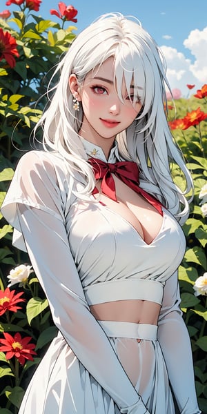 (Masterpiece, Best Quality, Photorealistic, High Resolution, 8K Raw), Smile, Looking At Viewer, Upper Body, 1 Girl, Solo, Beautiful Young Girl, 18 Years Old, Long Hair, (White Hair, Bangs:1.3), Big Breasts, Light
red eyes, bow, navel, cleavage, flower, white dress, hair bow, socks, cape, kneehighs, black bow, gauntlets, (flower over eye:1.3), garden background, zero