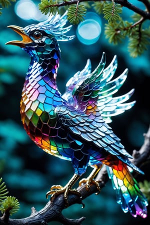Highly detailed shot of an (((iridescence))) crystal sculpture in the shape of a CHINA DRAGAN on a crystal tree branch, often associated with the arrival of spring. In folklore, the robin is sometimes depicted as a symbol of good luck or as a harbinger of news from the spirit world, vibrant background, full motion effects, diagonal view, crystal particles glittering, back light, ultra sharp focus, high speed shot, vibrant color, Bioluminescence, high quality

,shards