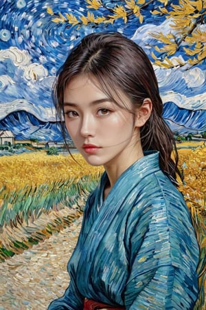 amazing quality, masterpiece, best quality, hyper detailed, ultra detailed, (( japanese  girl  in van Gogh style,)) extremely detailed, Oil painting style,v0ng44g,xxmix_girl