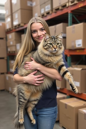 A25- years-old girl is holding an exceptionally giant cat in a warehouse filled with cardboard boxes