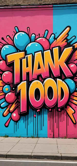 A graffiti wall with (the text "THANK YOU for 1000":1.7) written in bold letters with spray tint, inspired by Banksy,  miraculous,  aerosol art,  (triadic colors:1.2),comic book,masterpiece,Text,graffitiXL
