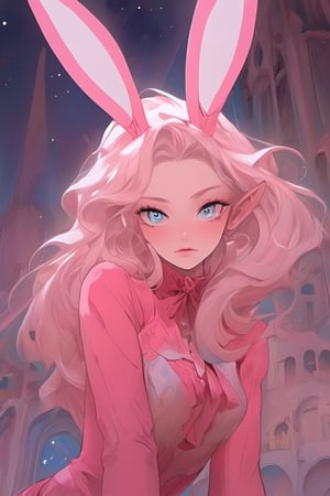 masterpiece, best quality, highly detailed, highres, hdr, code geass, 1girl, solo (((pink playboy bunny))), pink pantyhose, pink leotard, rabbit ears, red bowtie, pink footwear, wrist cuffs, blue eyes, hair intakes, large breasts, red hair, short hair, skin tight, spiked hair cowboy shot, intense angle, mksks style, beautiful background, detailed background, professional lightning,kallen stadtfeld,,codeGeass,Oversized shirt,pastelbg,firefliesfireflies,klee (genshin impact),night sky,huowu