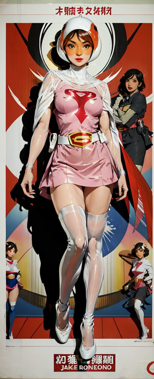 ((pinup, poster)), (Jun from Gatchaman by Carne Griffiths, Conrad Roset), ultra realistic, beautiful, masterpiece, 32K, HDR, (mixed race American-Japanese, super cute face), lanky, swan-head-like helmet with a transparent glass plate like a beak covered the front face, cloak with jagged shapes in the end, white thigh highs, white elbow gloves, white belt, pink superhero-like mini skirts suit, naturally sexy, {masterpiece:1.3}, {best quality:1.2}, {ultra-detailed::1.4}, (exquisite make-up face:1.2),

