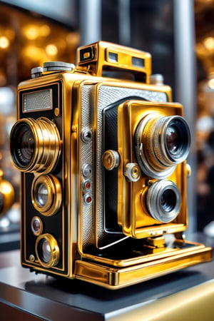 gold and silver old camera on a exhibition, shiny, stylish, futuristic, steampunk, cyberpunk, perfect finishes, masterpiece, perfect craftmanship, perfect realistic background, complex background